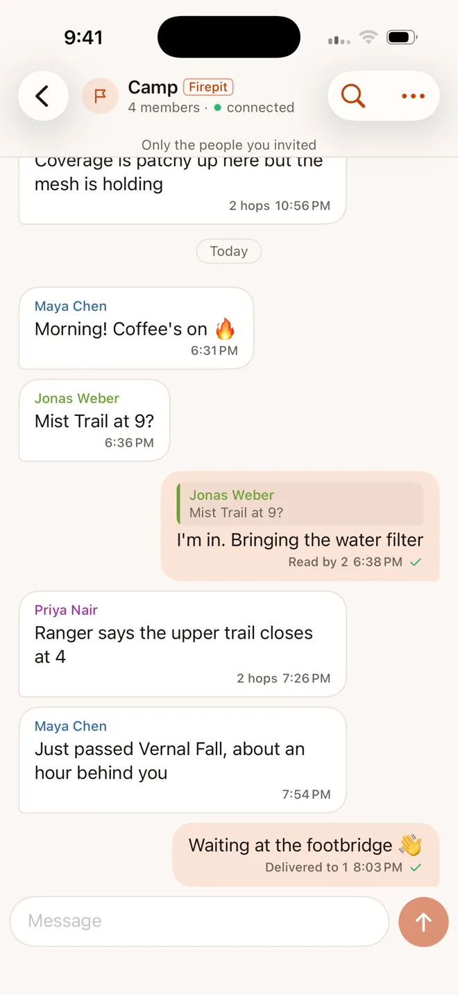 Firepit on iPhone with no phone signal: the Camp room, with messages from friends, how many radios each one crossed, and delivery ticks.