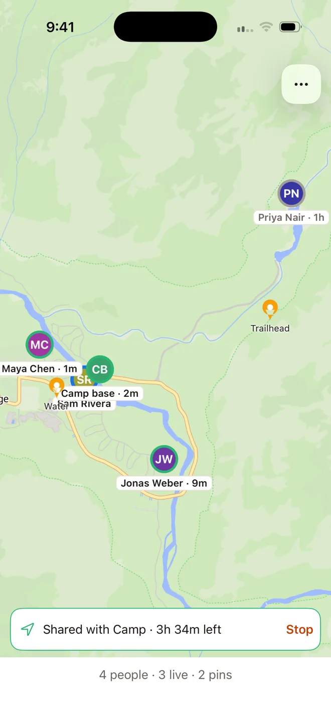 The Firepit map: friends and pins around a campsite, with your location shared with the Camp room for 3 hours 34 more minutes.
